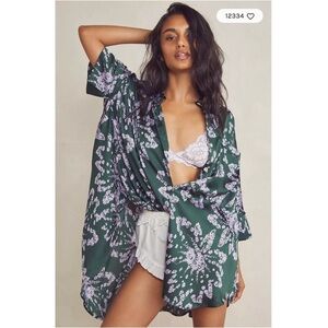 Free People Goddess Sleep Shirt Emerald Combo Floral XS Intimately Free Satin